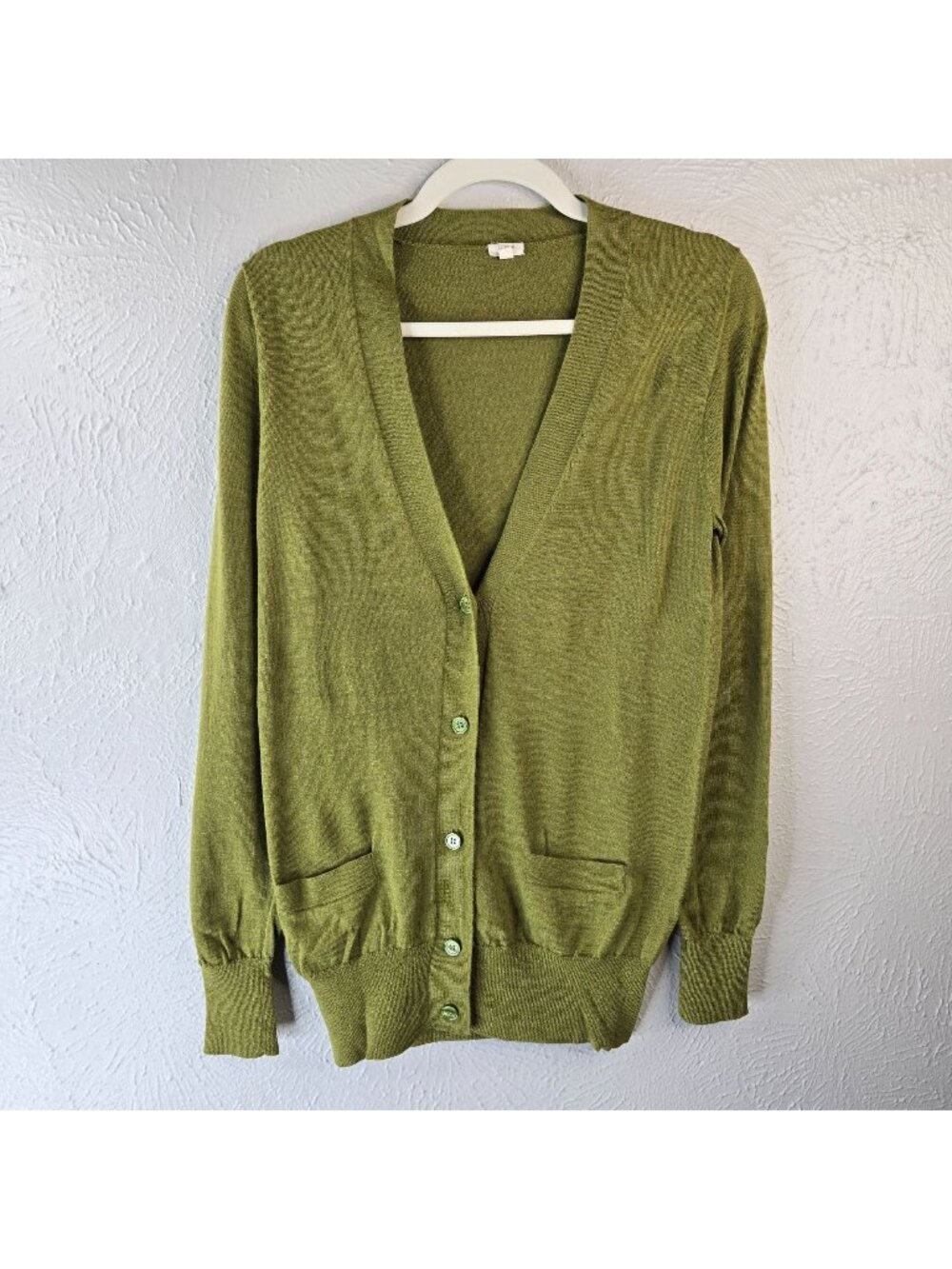 J. Crew Cardigan Sweater M Dark Green Merino Wool Button Front Preppy Lagenlook